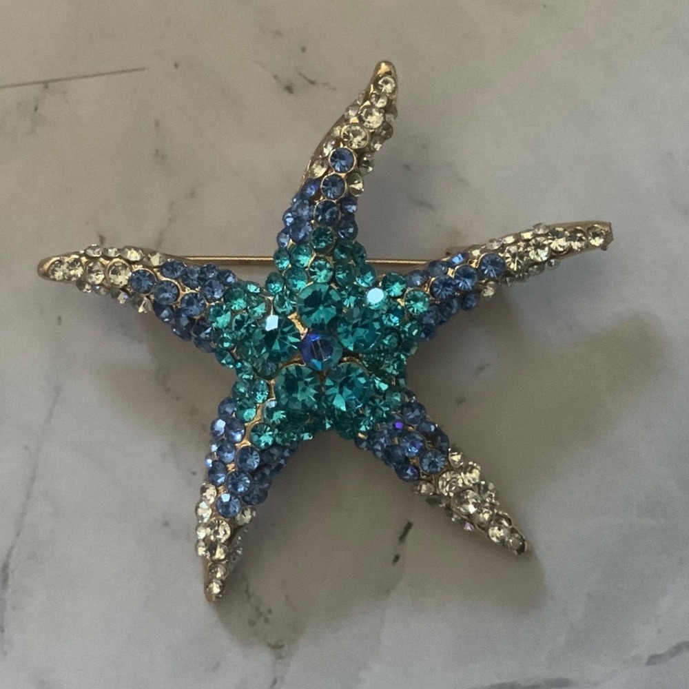 Vintage Rhinestone Starfish Brooch Pin Blue Teal Ombre Gold Tone Sea Star Ocean